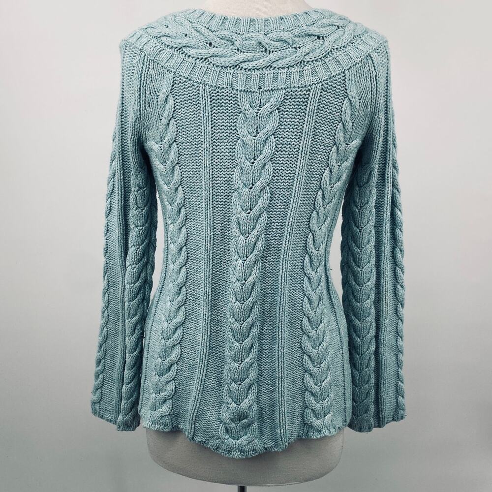 Vintage Y2k Old Navy Cotton Lambswool Sweater V Neck Pom Pom Cable Knit Blue M - Picture 5 of 8